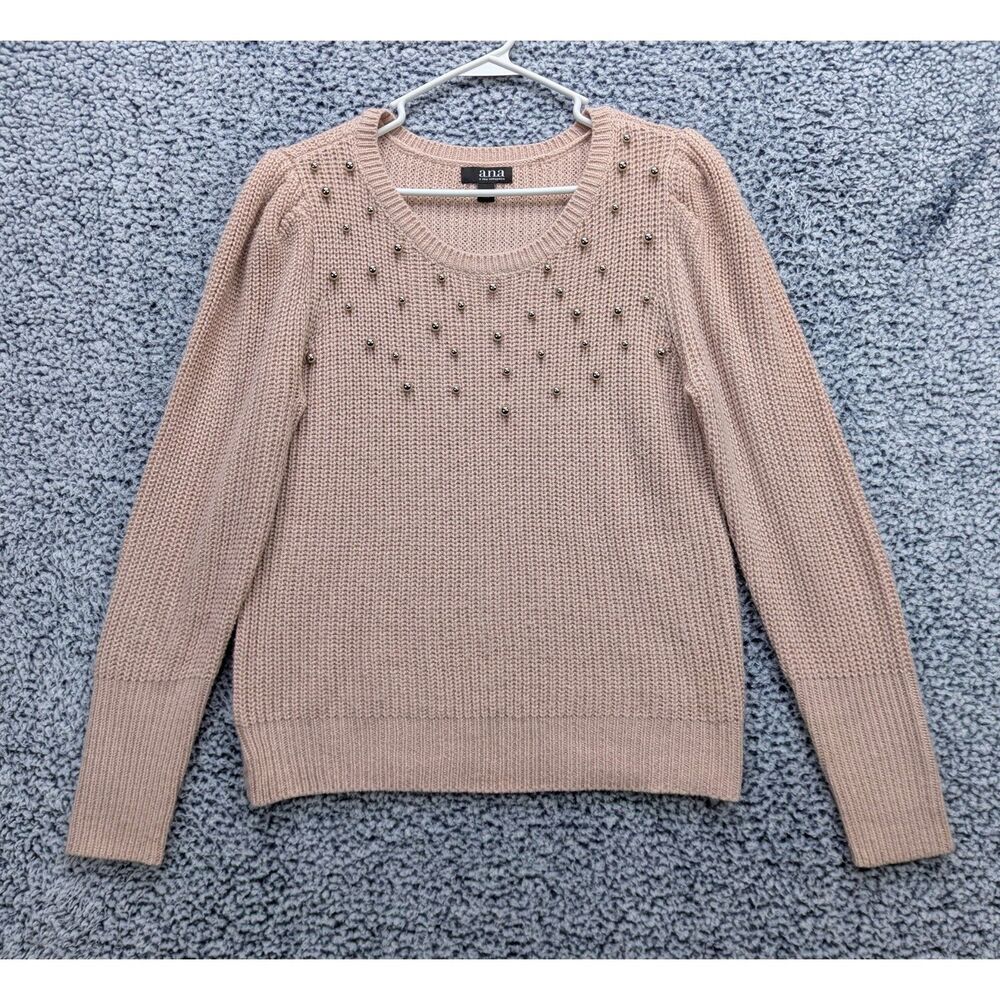 a.n.a. Puff Sleeve Pearl Detail Sweater Size M Preppy Knit Cottage Pastel Pink